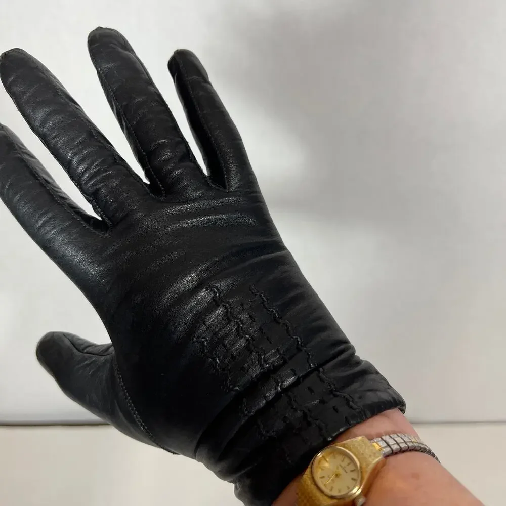 Van Raalte Black Leather Gloves 1980s Vintage Medium Knit Lining Vintage Retro